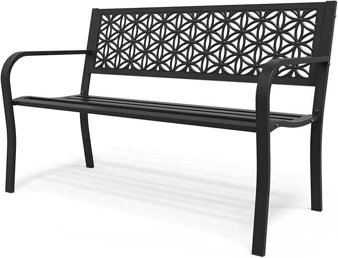 VINGLI 50" Outdoor Bench Metal with Floral Back, Garden Bench Front Porch Benches for Yard Patio Entryway Park Outside, 800lb Capacity - Black