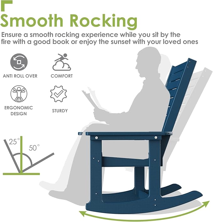 GREENVINES Outdoor Rocking Chair Set | 3-Piece | 2 Rocking Chairs with 1 Side Table | Porch Rocker | HDPE Plastic | Blue | Patio Furniture Sets | High Back | Big & Tall | Ladder Back
