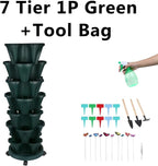 GameXcel Vertical Planter, 7 Tier Stackable Strawberry Planter with Garden Tool Set, Movable Indoor/Outdoor Garden Herb Pot for Growing Vegetables and Succulents, Green