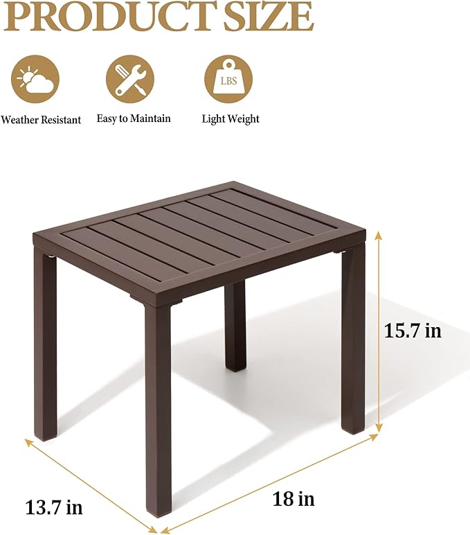 Side Table Aluminum Rectangular Patio End Table, Brown