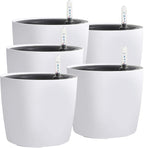KINJOEK 5 Packs 7 Inch Self Watering Pot with Water Level Indicator, Modern Garden Decorative White Flower Pot, Flowers, African Violets, Succulents, White