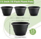 15 Pack 11 Inch Plant Pots with Drainage Holes,Black Plastic Flower Pots with Hanging Holes,Durable Planters for Indoor & Outdoor Plants,Nursery Pots