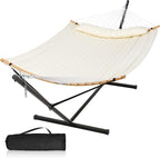 Outdoor Hammock with Stand Included, Two Person Hammock with Curved Spreader Bar, Pillow and Portable Bag, 450 Lbs Capacity, Beige