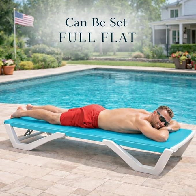 Kozyard Outdoor Chaise Lounge Chair, Full Flat Adjustable Patio Lounger with Aluminum Frame & Resin Legs, Textilene Fabric for Poolside, Backyard & Beach (Aqua/WhiteFrame, 2Chairs + Table)