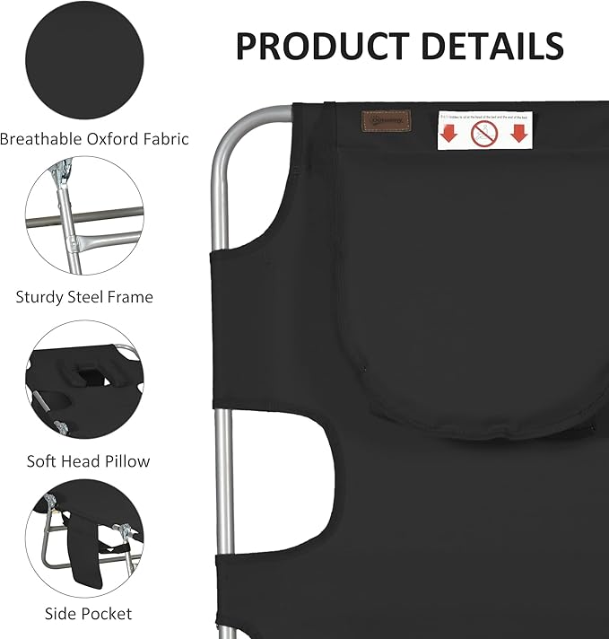 Outsunny Chaise Lounge Chair Outdoor with Face Arm Hole, 5-Position Reclining Face Down Tanning Chair with Carry Strap, Side Pocket, Portable Folding Bed Cot for Patio Beach Pool, Black