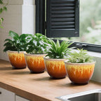 4 Pack Plastic Plant Pots Indoor with Drainage Hole, 8 Inch Glazed Planters for Indoor Outdoor Plants, Garden Flower Pots for Office Home Decor(Orange Glaze)
