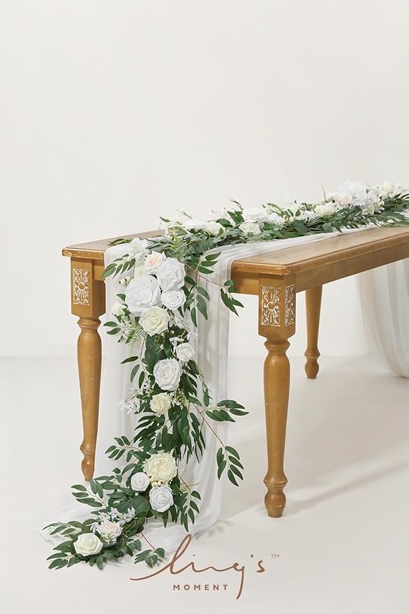 Artificial Floral Garland, 6 Ft Ivory Eucalyptus and Rose Decor