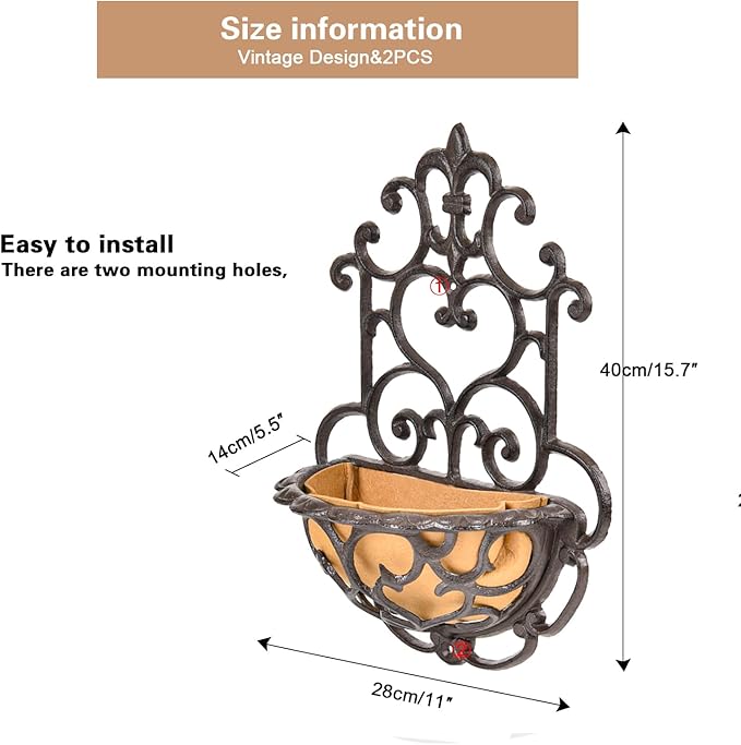 Hanging Planters, 2 Pack Cast Iron Half Round Wall Baskets, Rustic Brown