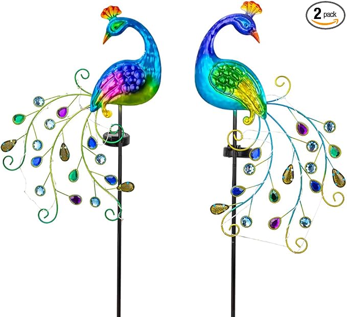 DREAMSOUL 2 Pack Peacock Solar Lights Outdoor, Waterproof Metal Peacock Outdoor Solar Lights for Yards Pathway Lawn Decoration Peacock Gifts