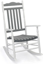 VINGLI Wooden Rocking Chair, Outdoor Chair with 450 lbs Support, Relaxing Rocker with Solid Wood High Back Seat Reclining Seat for Deck, Garden, Backyard, Porch (White & Grey, 1PC)
