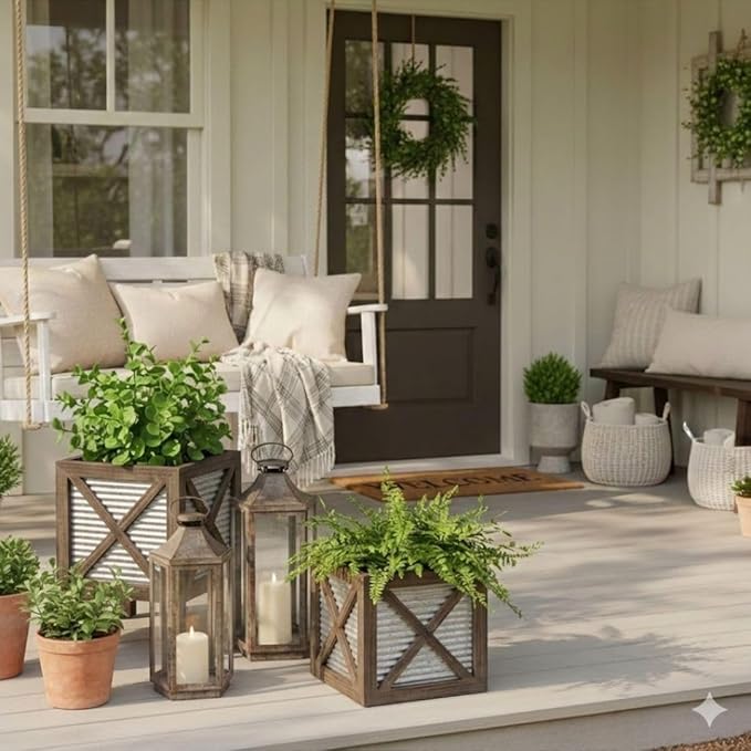 Autumn Alley Farmhouse Front Porch Planters Set of 2 Stand with Galvanized Corrugated Metal Planter for Outdoors/Indoors - Rustic Wood Square Planters Box on Legs – Charming Farmhouse Décor, Brown