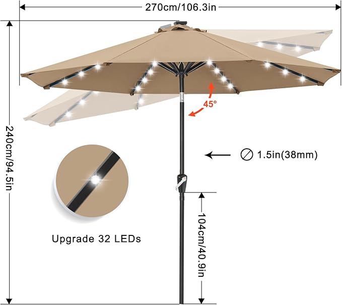 ABCCANOPY Durable Solar Led Patio Umbrellas with 32LED Lights 9FT (khaki)