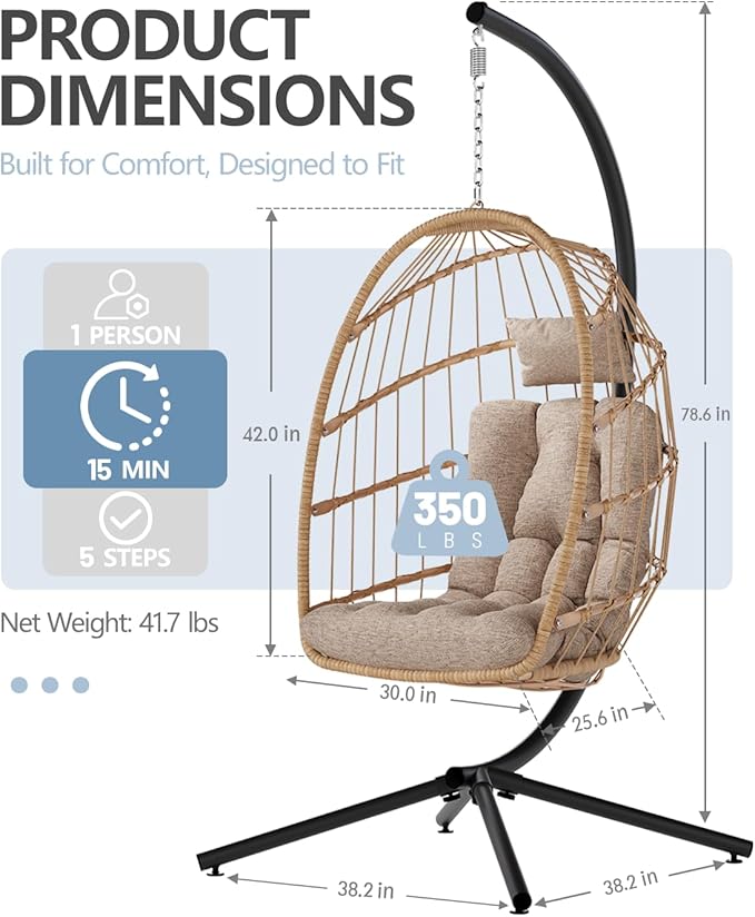Hammock Chair with Stand, Beige Wicker Egg Swing, 350 lb Capacity