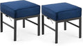 2 Pieces Outdoor Ottomans for Patio, Assembled Patio Ottomans with Bule Cushions, Metal Small Outdoor Footrest for Patio Porch Yard Garden Deck, Gray Frame
