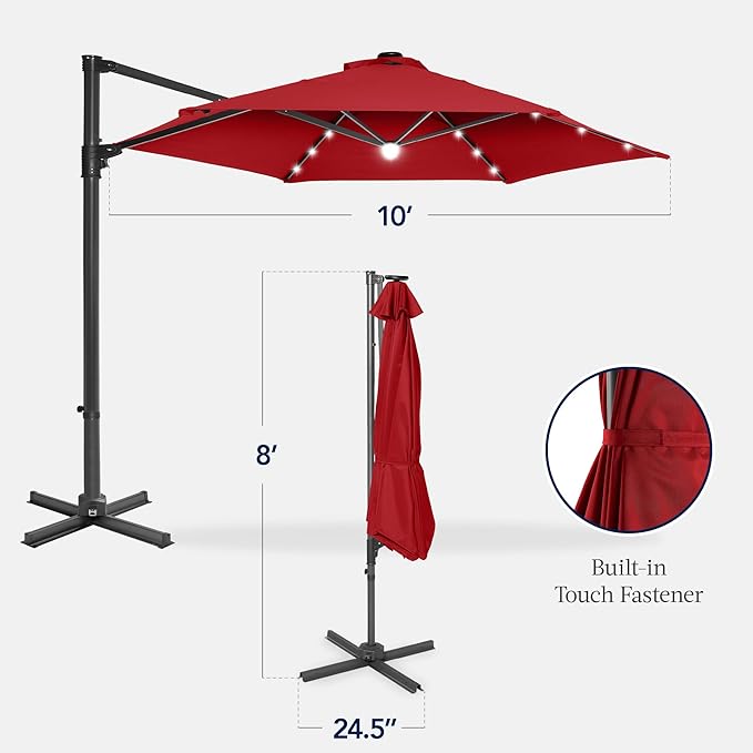 Best Choice Products 10ft Solar LED Offset Cantilever Hanging Market Patio Umbrella, Smooth 360° Rotation, 8 Sturdy Ribs, Easy Adjustment - Red