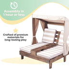 KidKraft Wooden Outdoor Double Chaise Lounge with Cup Holders, Patio Furniture for Kids or Pets, Espresso with Oatmeal and White Striped Fabric