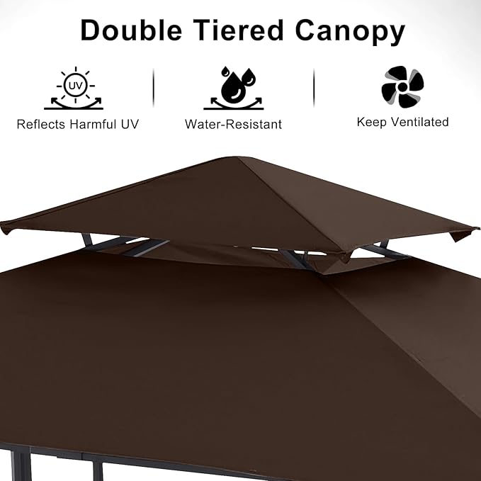 ABCCANOPY Grill Gazebo with 2 Side Awnings - 14x5 Outdoor BBQ Canopy Shelter with 2 Led Lights for Patio Backyard Grilling (Brown)
