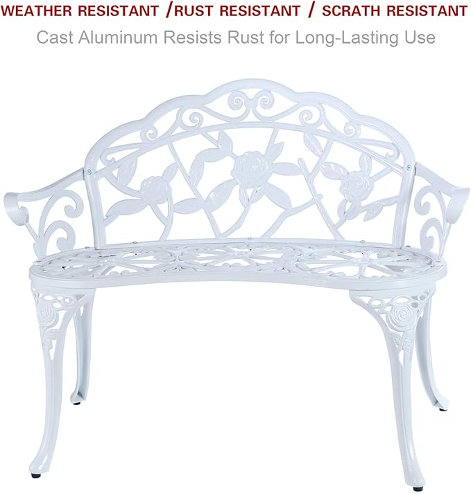 Patio Balcony Bench Double Seat, Anti-Rust Cast Aluminum Patio Garden Bench for Park Yard Outdoor Furniture White.1