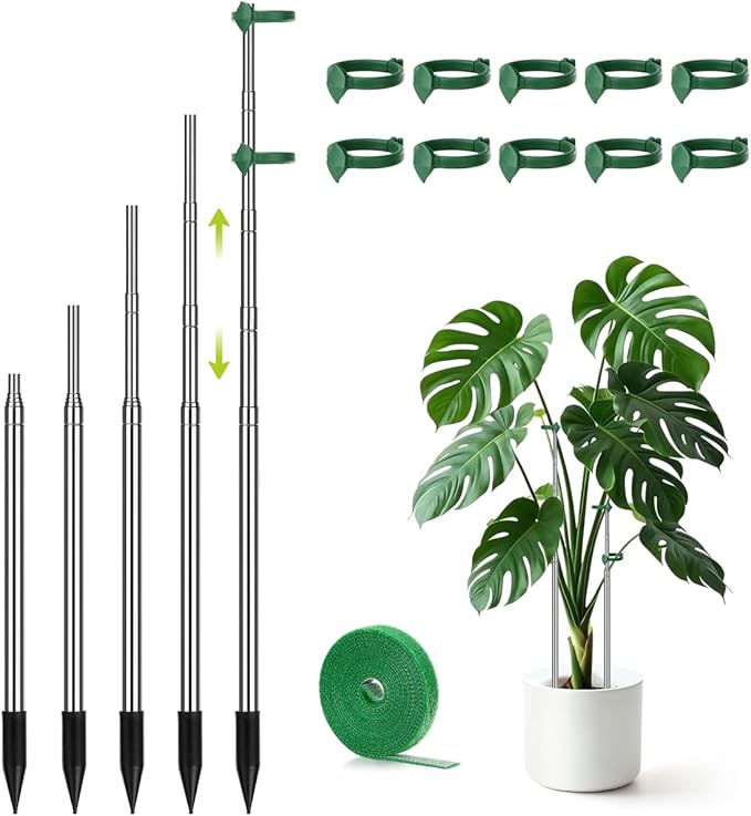 Aieve Extendable Plant Stakes, 13in to 49in Stainless Steel Telescoping Monstera Plant Support Stakes, Indoor Outdoor Garden Stake Support Sticks for Tomato Vegetables Monstera Vine (5 Packs)
