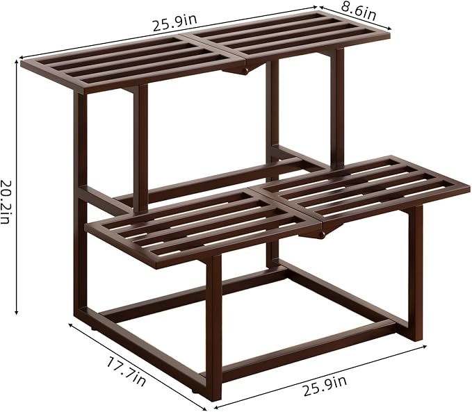 Metal Plant Stand, Foldable Heavy Duty Indoor, Window Iron Plant Shelf - Mid Century Modern Slatted Display for Patio, Garden, Living Room Load Bearing 330 lbs 26" L x 20.2" H x 17.7" W 2 Tier Coffee