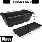 QPEY Window Box Planter, 10 Pack 17 Inch Plastic Flower Box with Tray Rectangular Planters for Outdoor Indoor Plants Garden Home Decor (Black)