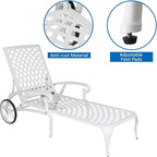 VINGLI Cast Aluminum Outdoor Chaise Lounge Chair with Wheels, Patio Chaise Lounge with 3-Position Adjustable Backrest, Tanning Chair Reclining Chair for Poolside (White, Without Cushion)