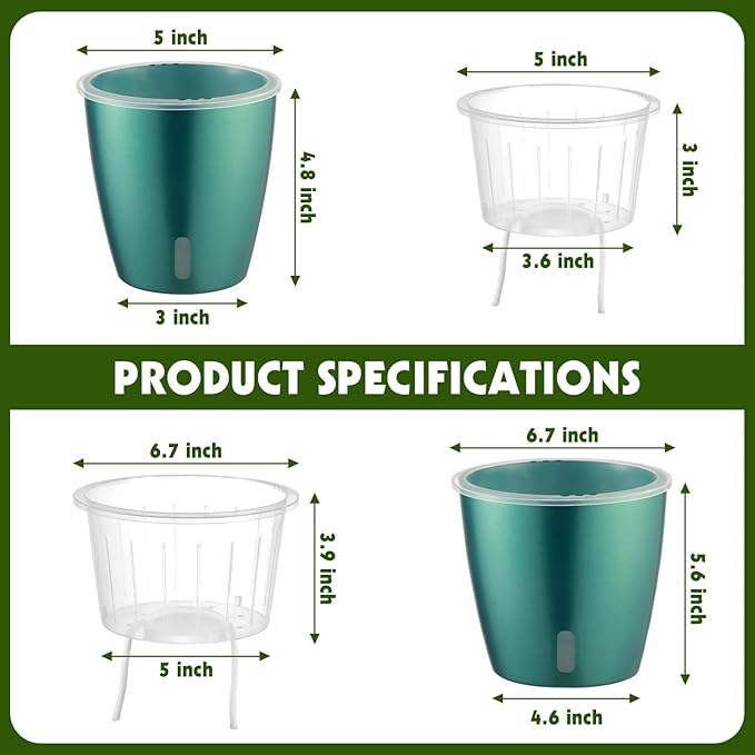 Self Watering Pots for Indoor Plants, 4-Pack 6.7'' Self Watering Planter with Drainage Holes, Small African Violet Pots with Water Indicator, Clear Wick Orchid Pot, Blue Gold