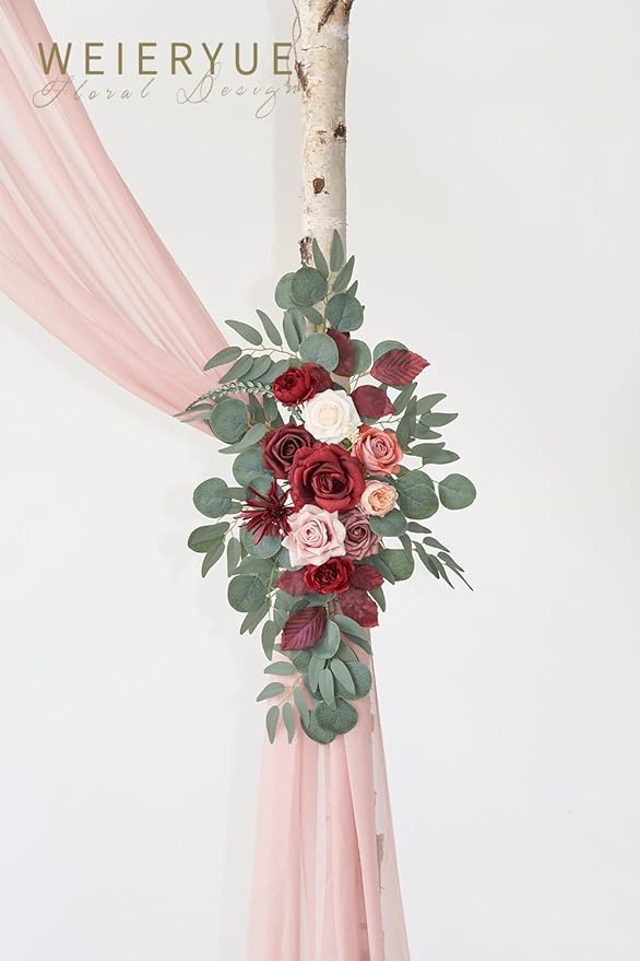 Artificial Flowers Arch Swag Kit with Chiffon Drape, Cream Red, 3-Piece