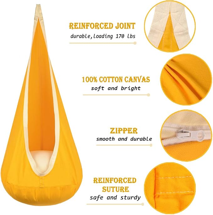 Hammock Chair Pod Swing for Kids, Yellow Cotton, 170 lb Load