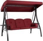 HOMREST 3 Seat Outdoor Porch Swing with 1.5" Deepened Cup Holder, Adjustable Canopy, Patio Swing Bed with Stand, Patio Glider Swing with Thicken Cushions, Pillow for Yard, Garden(Wine Red)