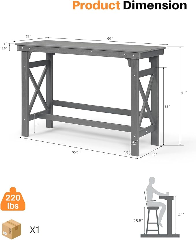 Outdoor Bar Table, Smoke Gray HDPE, 60 x 22 Inch Rectangle