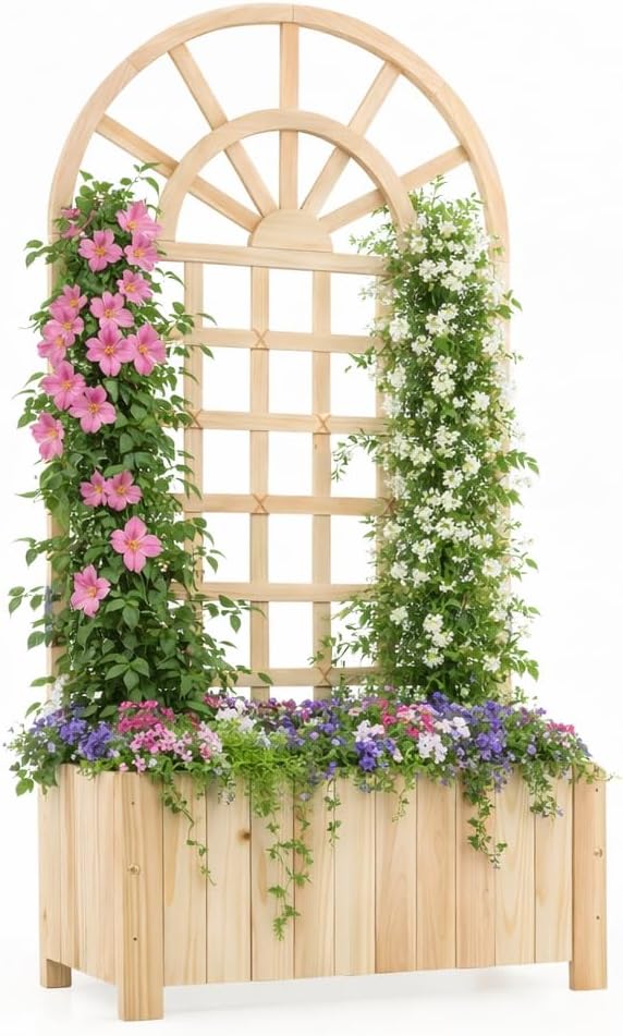 Giantex Wooden Raised Garden Bed with Arched Trellis Set 2, 48” Fir Wood Outdoor Elevated Planter Box Privacy Screen w/Drainage Hole, Vertical Garden Bed for Climbing Plants, Patio Balcony Backyard