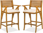 Best Choice Products Set of 2 Outdoor Acacia Wood Bar Stools Bar Chairs for Patio, Pool, Garden w/Weather-Resistant Cushions - Cream