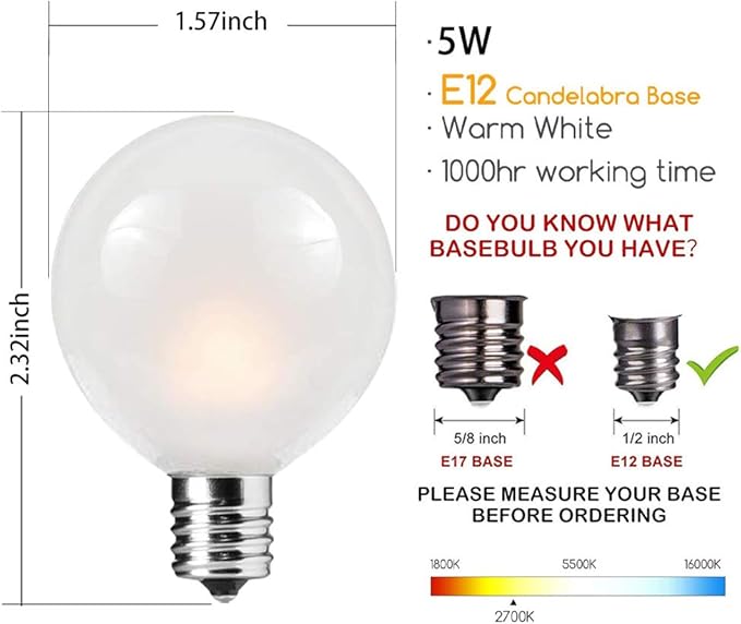 String Lights 25 ft Warm White G40 Frosted Globe Bulbs, 27 Count