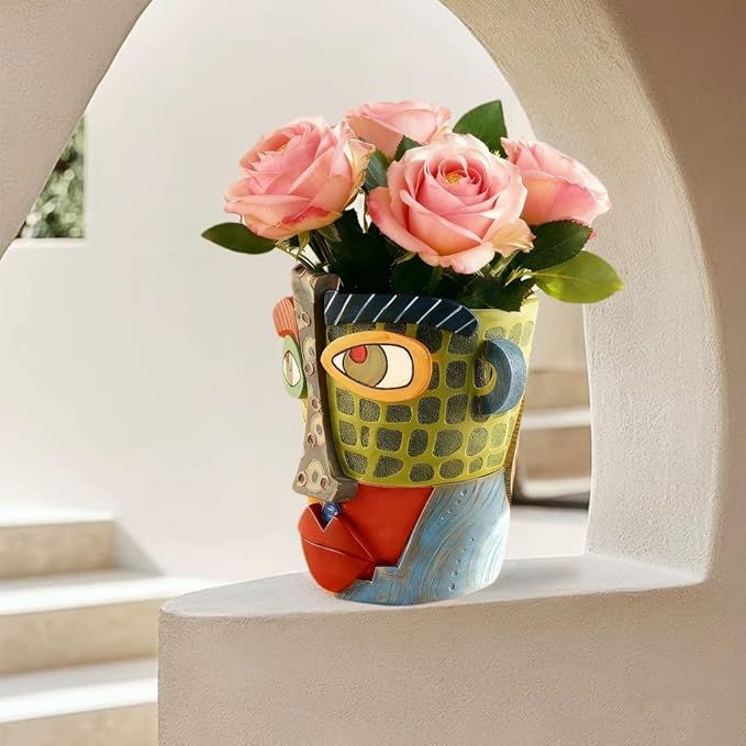 Picasso Abstract Face Flower Pot,Unique Resin Crafted Planter with Drainage Holes,Interesting Colorful Planter with Human face,for Indoor and Outdoor Botanical Home décor (Modern)