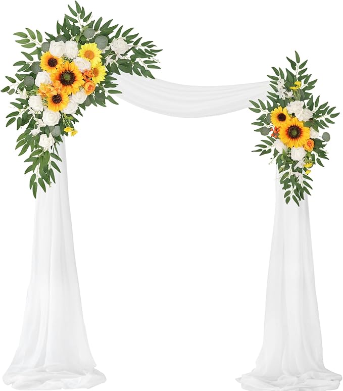 Artificial Flowers Wedding Arch Swag Kit, 3-Piece with White Chiffon Drape