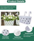 Railing planter box - 3 Pack Metal Hanging Flower Pots with Detachable Hooks & Drainage Holes, Window Oval Bucket Fence Hanging Planters for Outdoor Plants Garden Balcony Home Decor, White with Spot