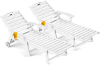 Outdoor Chaise Lounge Chair Set of 2, Patio Lounge Chairs for Outside, HDPE Lounge Chairs with Wheels & Cup Holder, Poly Lounge Chair with 5 Position for Poolside, Deck, White
