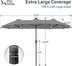 PHI VILLA 13ft Patio Umbrella with 120 PCS Solar-Powered LED Color-Changing Lights, Double-Sided Large Rectanglular Umbrella Outdoor for Table with Crank Lift,Light Grey(No Base)