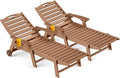 Outdoor Chaise Lounge Chair Set of 2, Patio Lounge Chairs for Outside, HDPE Lounge Chair with Wheels & Cup Holder, Poly Chair with 5 Position for Poolside, Deck, Brown