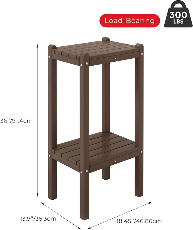 Side Table, 2-Tier Outdoor HDPE, Dark Brown, 36 Inches Tall