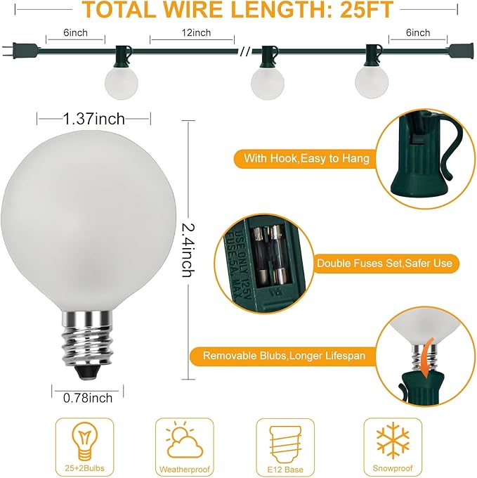 String Lights, 25 ft G40 Globe Outdoor with 25 Frosted Bulbs