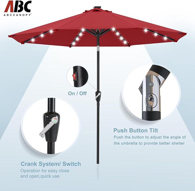 ABCCANOPY Durable Solar Led Patio Umbrellas with 32LED Lights 11FT (Burgundy)