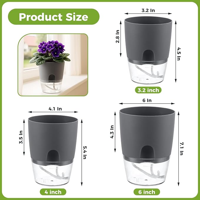 Planterhoma 8 Pack Self Watering Pots for Indoor Plants, 6 Inch Plant Pot Plastic Self Watering Planter for Orchid, African Violet, Small Clear Flower Pots with Drainage Holes and Wicking Rope, Gray