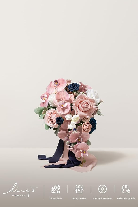Artificial Bridal Cascade Bouquet, Dusty Rose and Navy, Pearls and Crystals