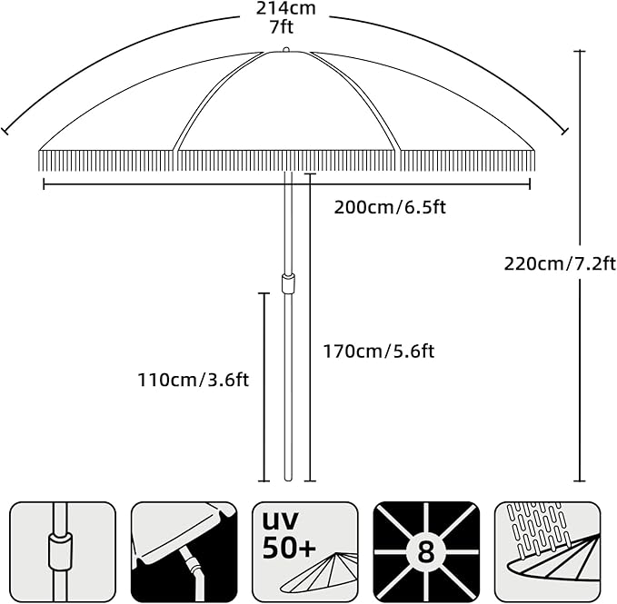 AMMSUN 7ft Patio Umbrella with Fringe Outdoor Tassel Umbrella UPF50+ Premium Steel Pole and Ribs Push Button Tilt, Navy Blue Stripes