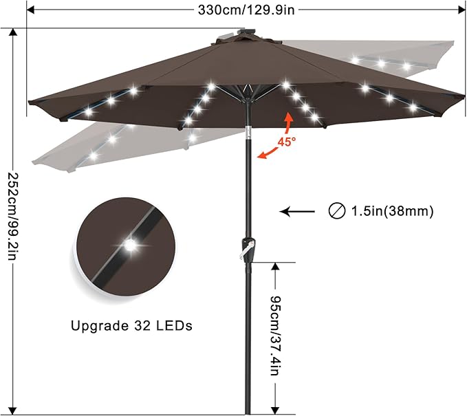 ABCCANOPY Durable Solar Led Patio Umbrellas with 32LED Lights 11FT (Brown)