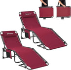 KingCamp 2 Pack Lounge Chair Outdoor, Folding Portable Tanning Chairs Comfy Adjustable 5-Position Lay Flat Foldable Chaise Chaser Lounger with Pillow for Outside Beach Patio Sun Bathing Pool, Wine