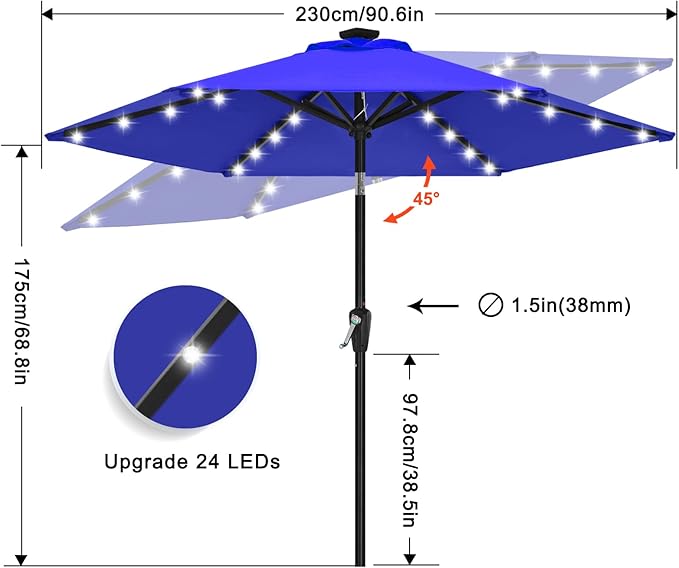 ABCCANOPY Durable Solar Led Patio Umbrellas with 24LED Lights 7.5FT (Royal Blue)