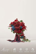 Artificial Flowers Bridal Bouquet in Burgundy and Navy Blue, 15-Inch